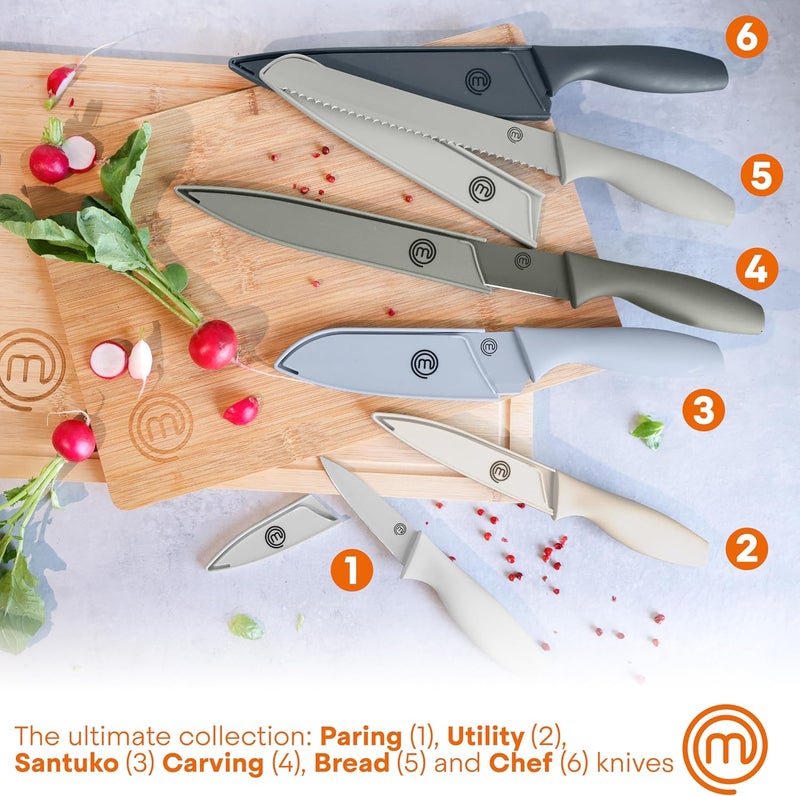Master Chef Kitchen Knife Set with Covers, 6 Professional Chef Knives for Home Kitchens, Extra Sharp Cutting Stainless Steel Blades & Protective Sheaths, Soft-Touch Easy-Grip Handles, Earth Greys - Image 2